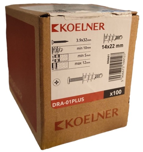 KOŁEK PLASTIK DO GKB DRIVA 14X22 + WKRĘT 3,9X32MM / 100 SZT