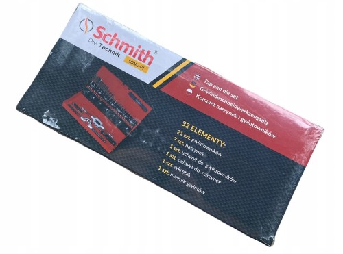 Zestaw Narzynek i Gwintowników Schmith 32 Elementy - M3 do M12, Uchwyt do Gwintowników i Narzynek, Wkrętak i Miernik Gwintów